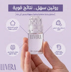 Hand holding a Luvera skincare product with features highlighted on a light purple background