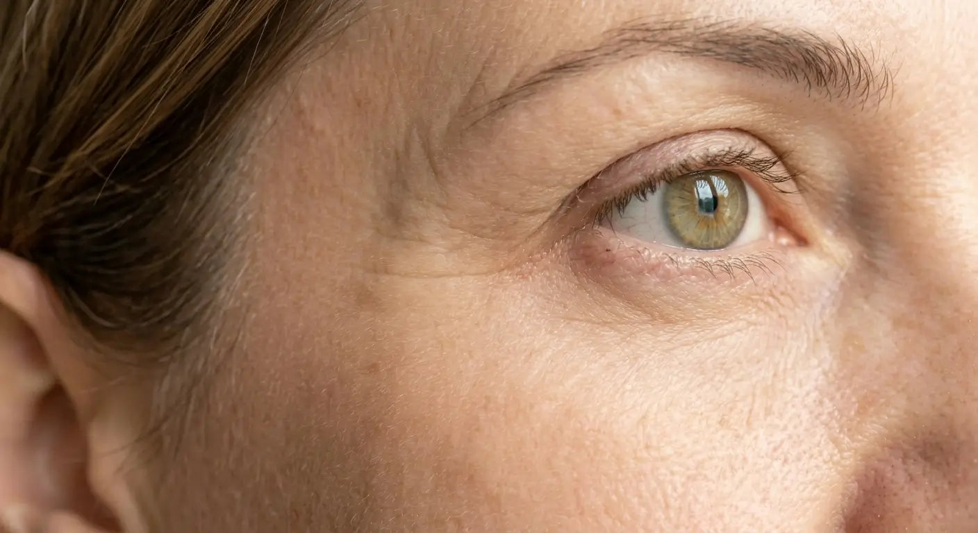 Close-up of a person's eye with visible wrinkles and skin texture before luvera.