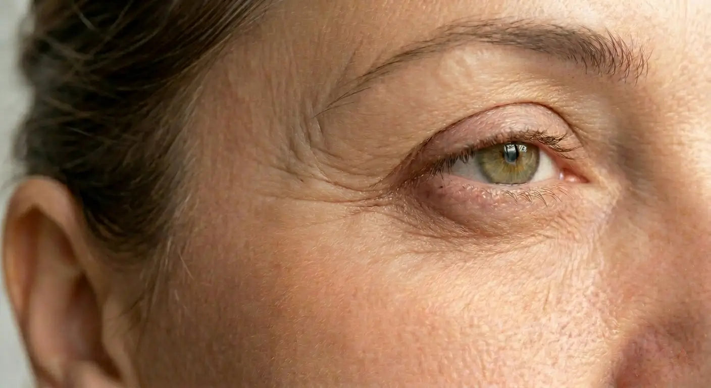 Close-up of a person's eye with visible signs of aging before for skin.