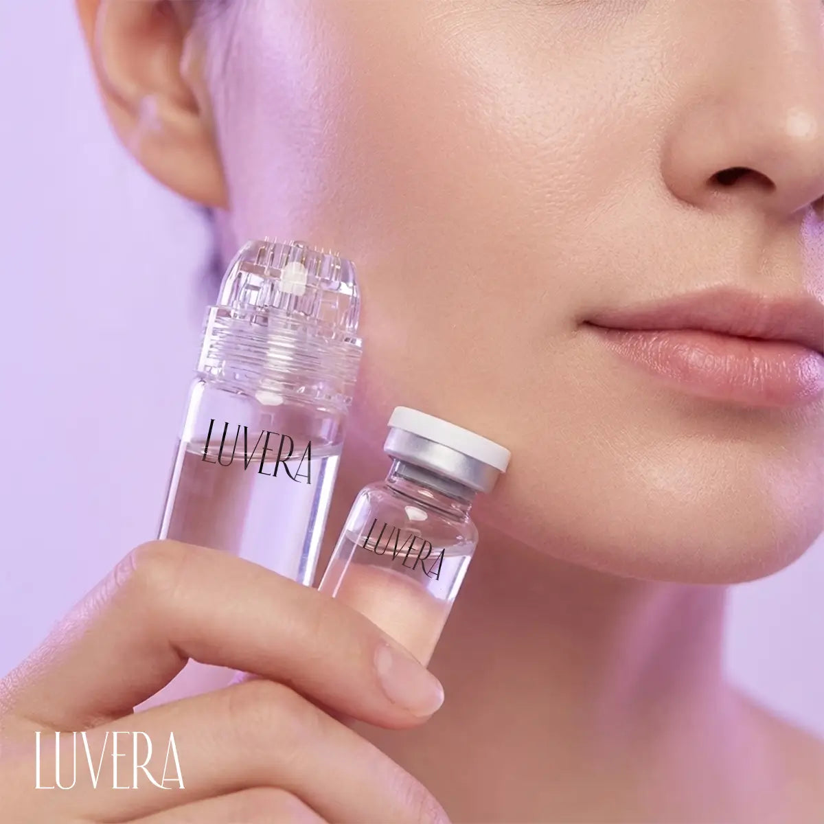 Close-up of a woman holding two Luvera skincare products against a blurred background