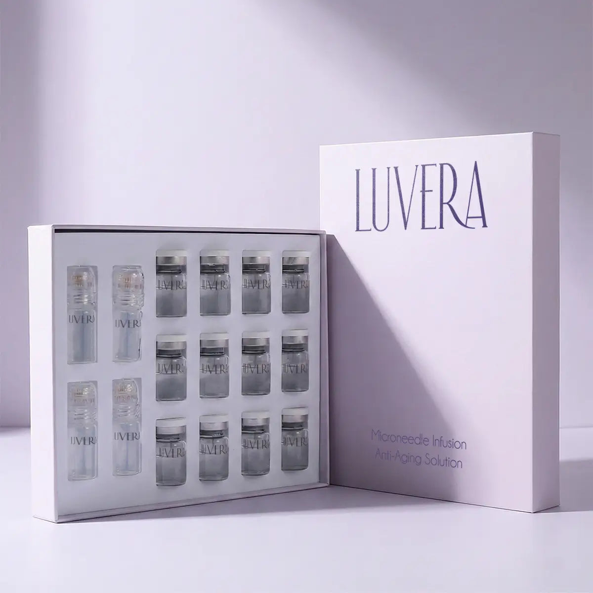 Box of Luvera macromedia infusion with clear vials on a light gray background